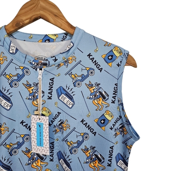 Proud 90 Sleeveless Zip Neck Kanga Beer Novelty Print Polo Blue Size Large Golf - Picture 6 of 10